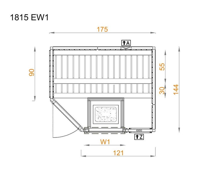 Grundriss der Sauna 1815 EW1 mit Maßen in Zentimetern. Die Draufsicht zeigt die Anordnung der Saunabänke und der Tür.