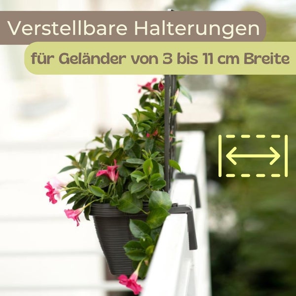 Verstellbare Blumenkastenhalterung für Balkongeländer mit einer Breite von 3 bis 11 Zentimeter.