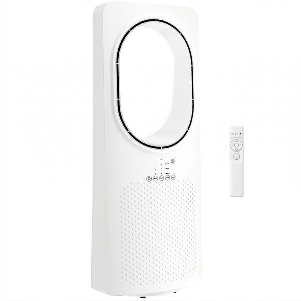 Weißer rotorloser Turmventilator mit Fernbedienung, Zeitschaltuhr und mehreren Geschwindigkeitsstufen.