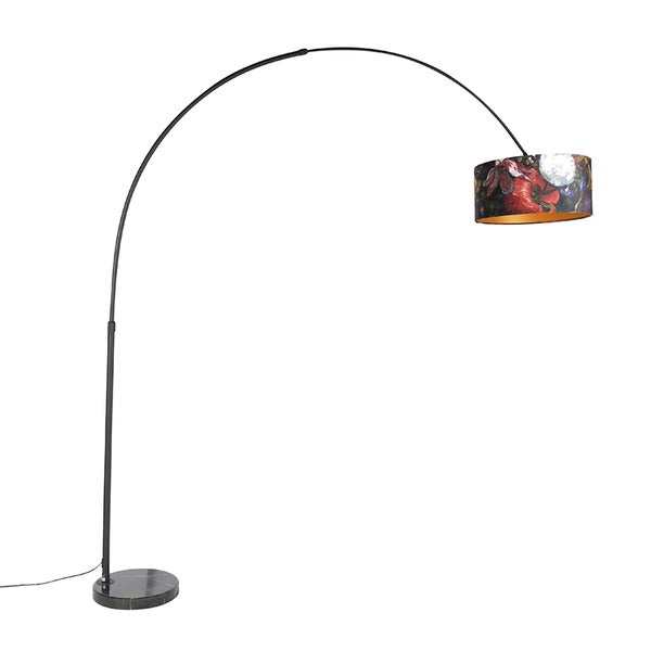 QAZQA - Modern Bogenlampe schwarzer Veloursschirm Blumenmuster 50 cm - XXL I Wohnzimmer I Schlafzimmer - Stahl Länglich I Zylinder I Rund - LED geeignet E27