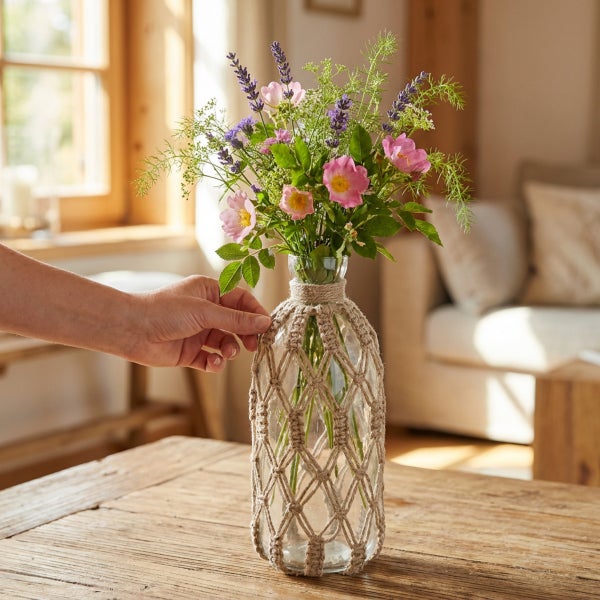 Eine Glasvase mit Makramee-Netz aus Jute, gefüllt mit einem Blumenstrauß, platziert auf einem Holztisch in einem hellen Wohnzimmer.