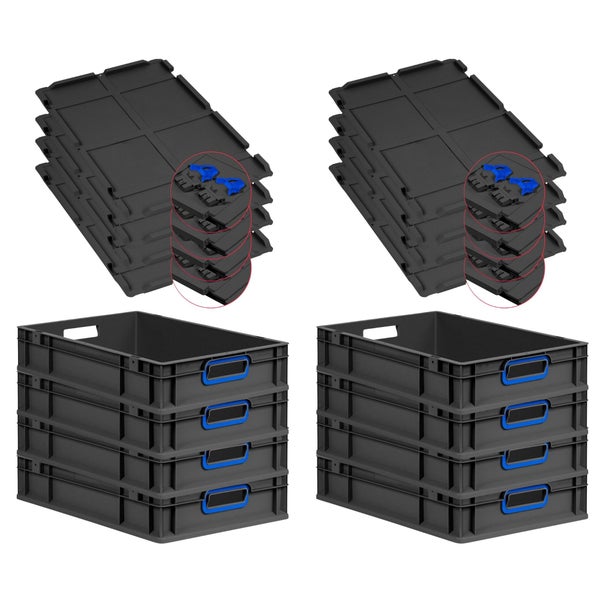 PROREGAL SuperSparSet 8x Eurobox NextGen Color mit Scharnierdeckel und Schiebeschnappverschlüssen, HxBxT 12x40x60cm, 23 Liter, Schwarz, Griffe blau offen, Eurobehälter, Transportbox, Transportbehälter, Stapelbehälter