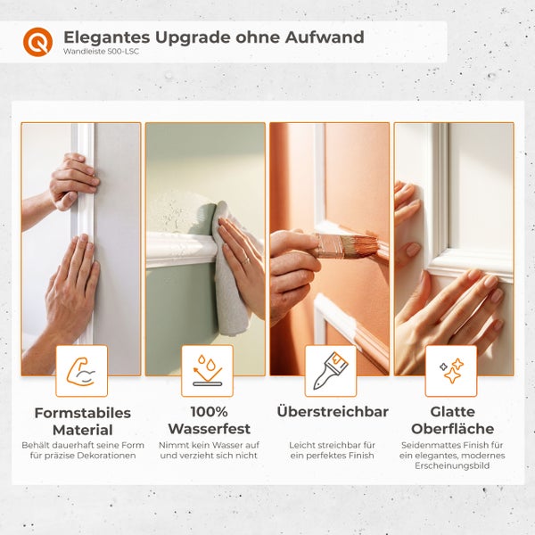 Infografik zur Wandleiste 500-LSC mit Informationen zu Formstabilität, Wasserfestigkeit, Überstreichbarkeit und der glatten Oberfläche.