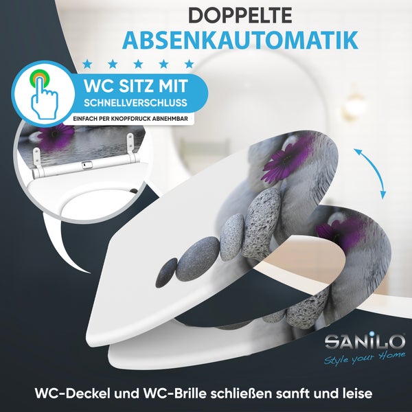 Sanilo Toilettensitz mit Motiv Steine und Blume, doppelter Absenkautomatik und Schnellverschluss per Knopfdruck. Sanilo Logo.
