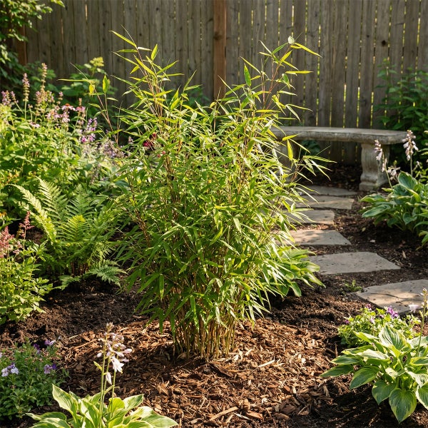 Bambus Fargesia im Gartenbeet mit Rindenmulch, Trittsteinen, Steinbank und Holzzaun.