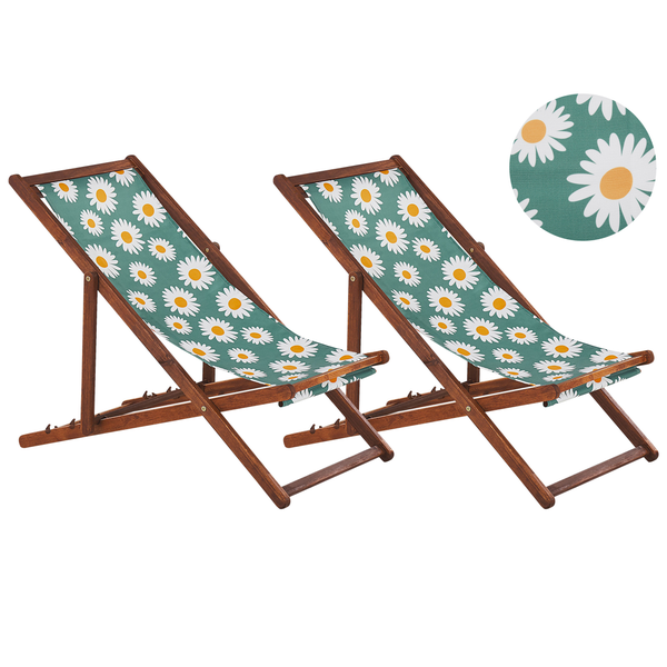 Set mit 2 klappbaren Liegestühlen ANZIO mit Ersatzstoffen Blumenmuster Akazienholz Dunkelbraun