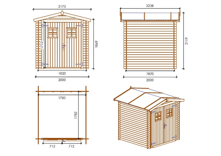 Gartenhaus, Gerätehaus 4m2 - 2x2m - 19mm