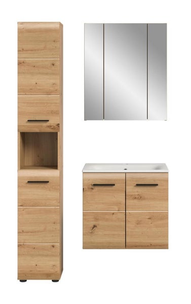 Badezimmermöbel-Set in Eichenoptik mit Hochschrank, Waschbeckenunterschrank und Spiegelschrank.