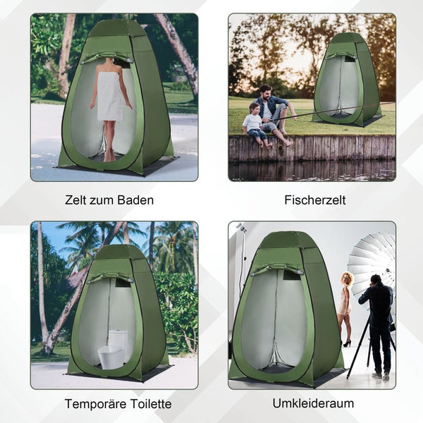 Grünes Pop-up-Sichtschutzzelt in vier Anwendungsszenarien: als Duschzelt, Angelzelt, Toilettenzelt und Umkleidekabine.