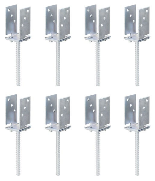 Set aus acht verzinkten Pfostenträgern zum Einbetonieren mit verstellbarer U-Form Aufnahme für Holzpfosten.