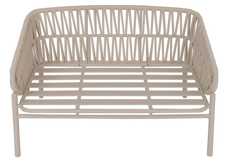 Zweisitzer Gartensofa mit Metallgestell und dekorativer Rope-Bespannung an Rücken- und Armlehnen.