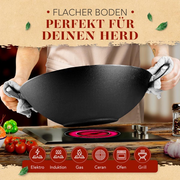 KRUSTENZAUBER 36cm Gusseisen Wok Induktion - Wokpfanne mit Wokwender - Ideal für Gasgrill, Herd, Ofen, als Paella Pfanne Gusseisen, Gusseisenpfanne Induktionsgeeignet für Stir Fry oder Sac Tava