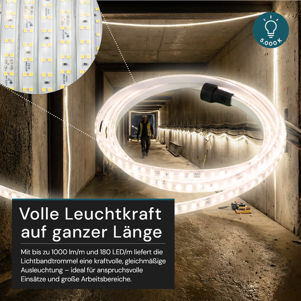 Hell beleuchteter Betontunnel mit LED-Lichtband, 5000 Kelvin, 1000 Lumen pro Meter, 180 LED pro Meter, für gleichmäßige Baustellenbeleuchtung.