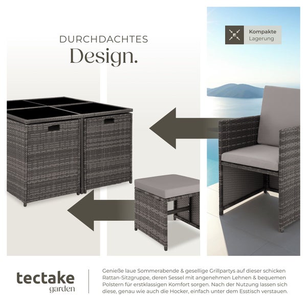 Rattan-Gartenmöbel-Set von tectake garden, kompakte Lagerung durch unter den Tisch schiebbare Stühle und Hocker, tectake garden Logo.