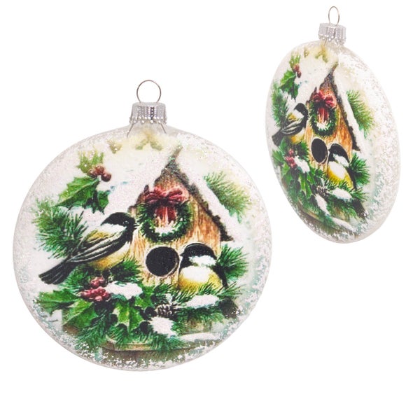 Glastaler mit Wintervögeln, Multicolor, 9cm, 1 Stck., Weihnachtsbaumkugeln, Christbaumschmuck, Weihnachtsbaumanhänger