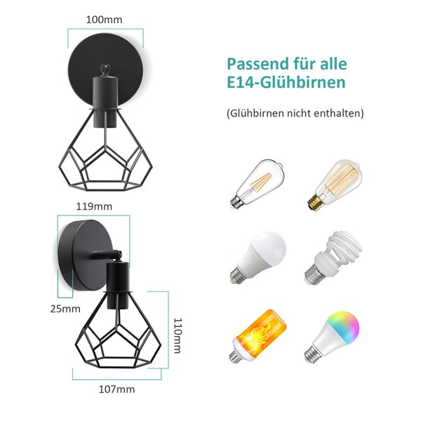 EMKE Retro Wandleuchte Schwarz, Industrielle Wandlampe mit E14 Fassung, Schwenkbar, IP20, Vintage Design, Wohnzimmer & Flur, Ohne Leuchtmittel, 120x 119x200 mm