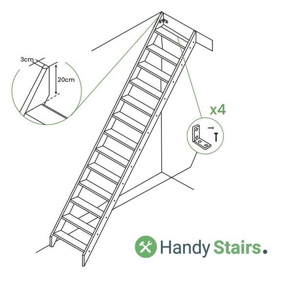Illustration einer Treppe mit Detailansichten zu Maßen und Befestigungsmaterial.