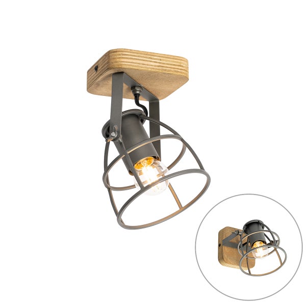 Einflammiger Deckenstrahler im Industriestil mit Holzelement und Metallgitterkorb