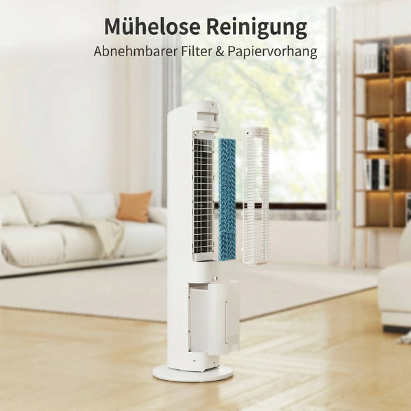 Turmventilator mit herausnehmbarem Filter und Papiervorhang zur einfachen Reinigung in einem hellen, geräumigen Wohnzimmer.