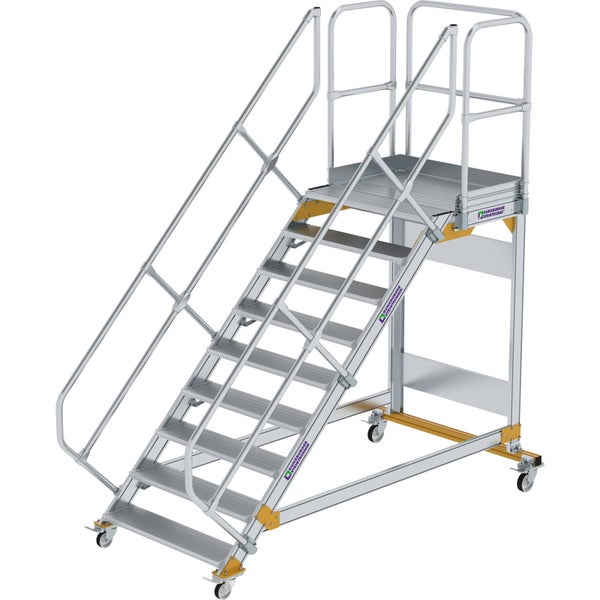 Fahrbare silberne Aluminium-Podesttreppe mit Stufen, beidseitigem Handlauf, Plattformgeländer und vier Lenkrollen.