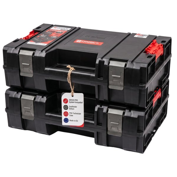 Qbrick System Pro Werkzeugkoffer Set aus Kunststoff mit Tragegriff und Verschlussklammern.