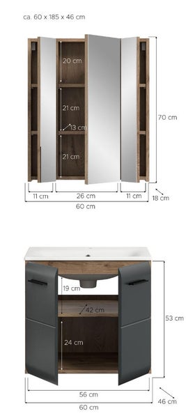 Maßzeichnung eines Badezimmer-Sets mit dreitürigem Spiegelschrank und Waschbeckenunterschrank in Holzoptik und Anthrazit inklusive Abmessungen.