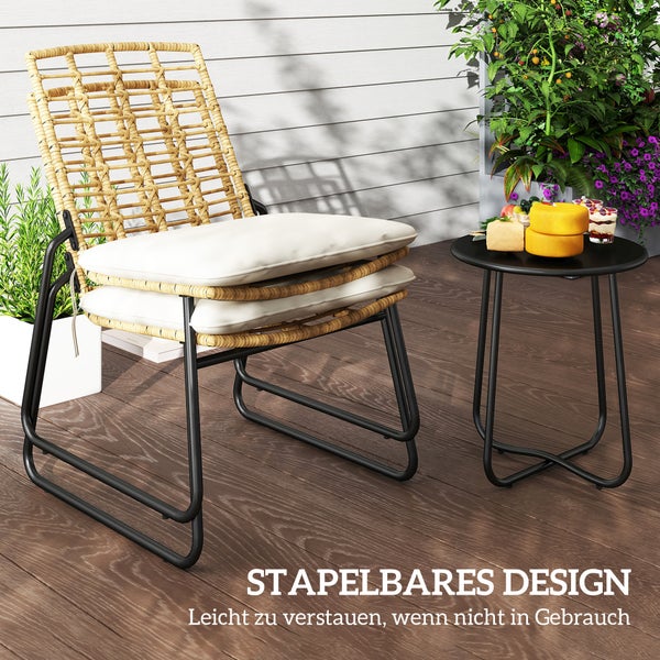 Outsunny Rattan Gartenmöbel Set, Balkonmöbel Set für 2 Personen 3-teilig Outdoor Sitzgruppe mit 2 stapelbar Stühle, Tisch Kissen wetterfest Garten Lounge für Terrasse Balkon, Beige & Braun