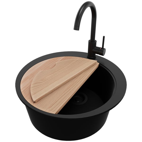 PRIMAGRAN Granitspüle Alles Schwarz 53x53cm, Spülbecken Rund 1 Becken + Küchenarmatur 32x20cm + Ablauf-Set + Schneidebrett, Küchenspüle ab 50er Unterschrank - Pisa Max
