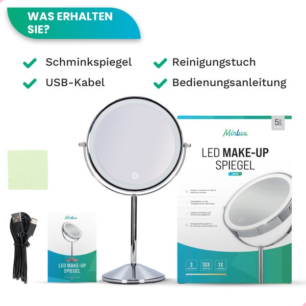 Mirlux Kosmetikspiegel mit LED Beleuchtung 10fache Vergrößerung  Rund 3 Lichtstufen Wiederaufladbar Chrom