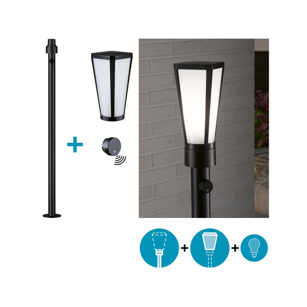 ModuShine Set bestehend aus Lampenstange, Leuchtenkopf, Modul und Leuchtmittel mit Auswahloption zur individuellen Gestaltung der Außenbeleuchtung.