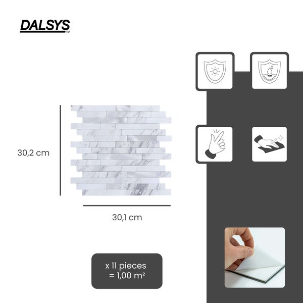 Dalsys Logo. Selbstklebende Mosaikfliese in Marmoroptik, 30,1 mal 30,2 Zentimeter. 11 Stück ergeben 1 Quadratmeter. Ultraviolettbeständig, wasserfest.