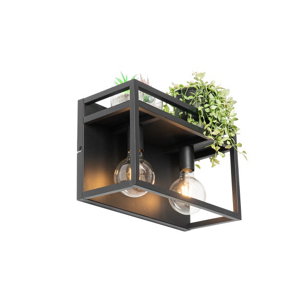 Wandleuchte in Würfelform mit zwei Glühbirnen und Kunstpflanzen
