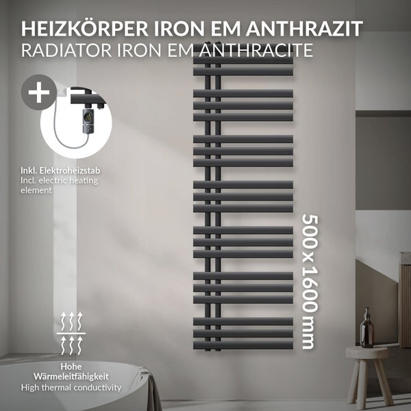 LuxeBath Elektrischer Badheizkörper IronEM 500x1600mm Anthrazit + Heizstab 1200W Thermostat Digitalanzeige, Handtuchheizkörper mit Heizpatrone, Elektro Handtuchwärmer Paneelheizkörper Designheizkörper