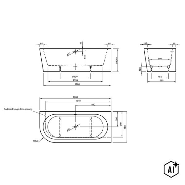 Technische Zeichnung einer Eckbadewanne mit Maßangaben in Millimetern für die Montage und Planung.