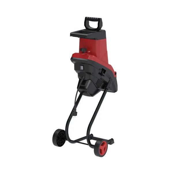 Elektrischer Messerhäcksler in Rot und Schwarz mit Rädern und Standfuß für die Gartenarbeit.
