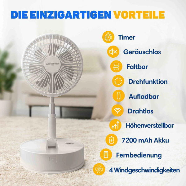 Tragbarer Standventilator von Vulpes Goods mit Fernbedienung, Timer, Akku, vier Geschwindigkeiten, höhenverstellbar und klappbar für den Innenbereich.