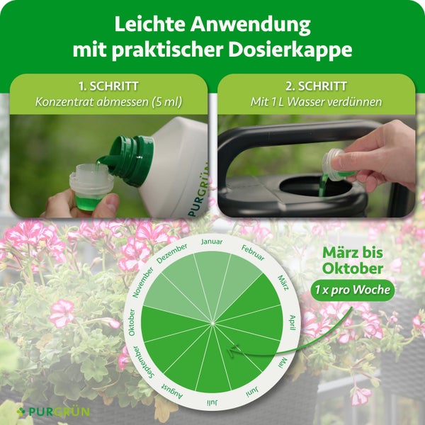 Anwendungshinweise und Dosierungskalender für Purgrün Flüssigdünger zur einfachen Dosierung mit Messkappe.