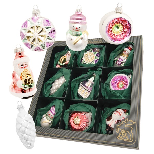 Glassortiment Figuren & Formen Retro (Nostalgische Weihnachten), Pastelltöne, 9-teilig, 6-8cm, 9 Stck., Weihnachtsbaumkugeln, Christbaumschmuck, Weihnachtsbaumanhänger