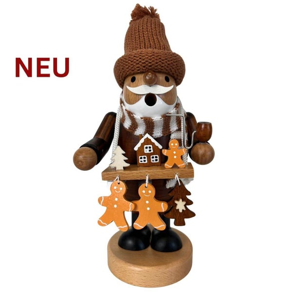 Holz Räuchermann als Weihnachtsmann mit Mütze Schal Pfeife sowie Lebkuchen und Häuschen Dekor