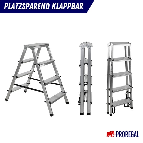 Aluminium Klapptritt mit drei Stufen in verschiedenen Ansichten