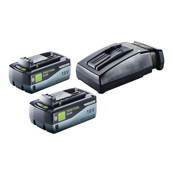 Festool Energie-Set mit zwei 18 Volt 8,0 Amperestunden Li-HighPower AIRSTREAM Akkus mit Bluetooth und einem Schnellladegerät.