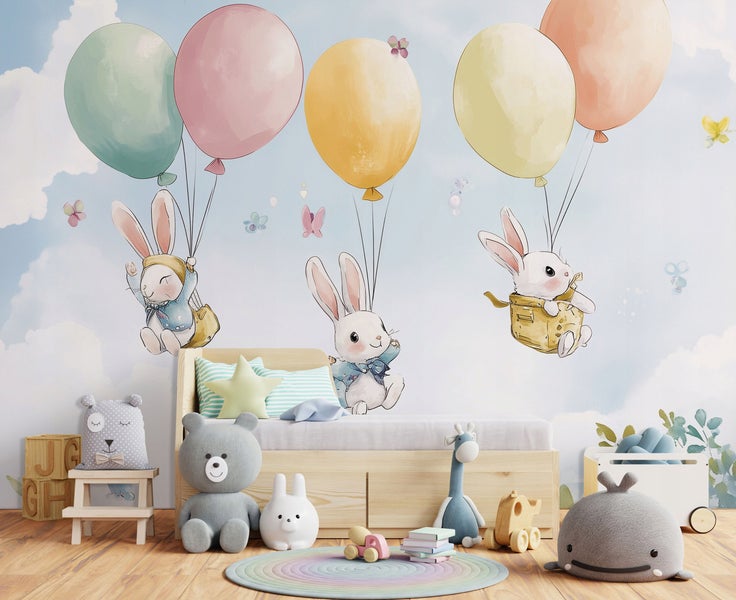 Fototapete Kinderzimmer Mädchen Kaninchen Wolken Tapete Kinder 350x250 cm