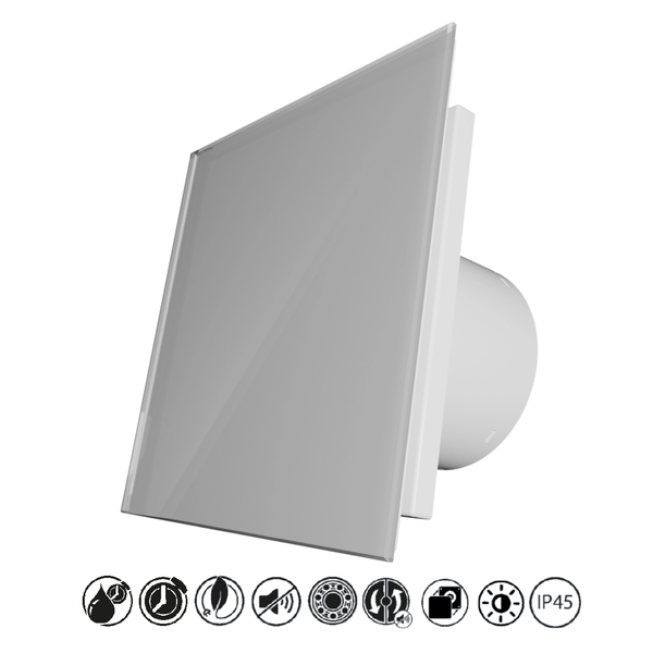 Badlüfter mit quadratischer grauer Glasfront, Feuchtigkeitssensor, Nachlaufrelais, kugelgelagertem Motor und Schutzart IP45.
