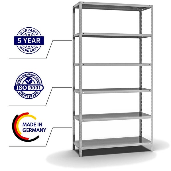 PROREGAL Fachbodenregal Schraubsystem Heavy-Duty Grundregal HxBxT 250 x 130 x 50 cm 6 Ebenen Fachlast 350 kg Beidseitig Nutzbar Verzinkt