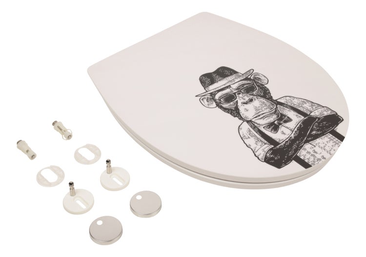 aquaSu® WC-Sitz mit Absenkautomatik, lustiges Dekor Stadtaffe, abnehmbar, antibakterieller Duroplast Toilettendeckel, Top-Fix Befestigung von oben, Standard O Form, Toilettensitz witzig, 406963