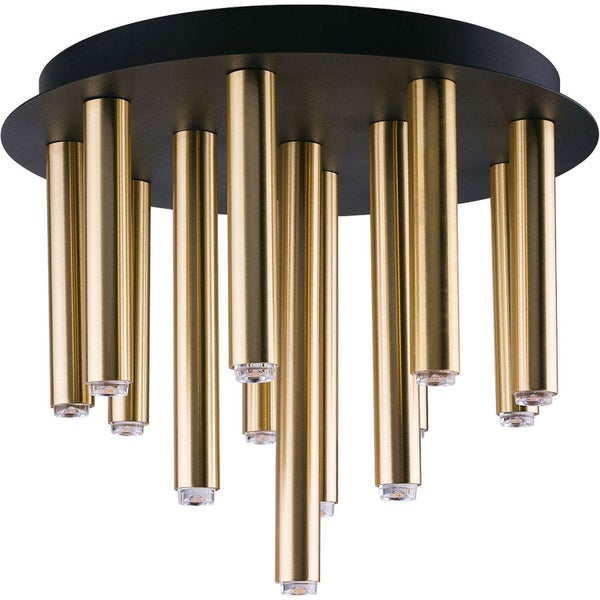 Moderne Deckenleuchte mit schwarzer runder Basis und goldfarbenen zylindrischen Metallrohren in verschiedenen Längen.
