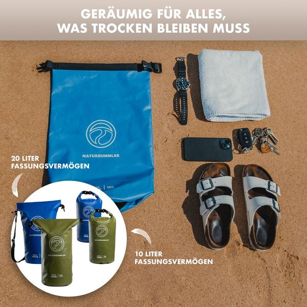 NATURBUMMLER ® Dry Bag - 10/20L [100% wasserdicht & mit Schultergurt] perfekt für Wassersport, Angeln, Campen, Surfen etc. - wasserdichter Beutel Drybag wasserdichte Tasche