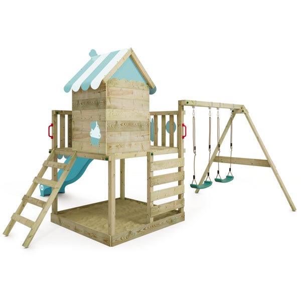 WICKEY Spielturm Klettergerüst Smart Candy mit Schaukel und Rutsche, Baumhaus mit Sandkasten, Kletterleiter und Spiel-Zubehör – pastellblau