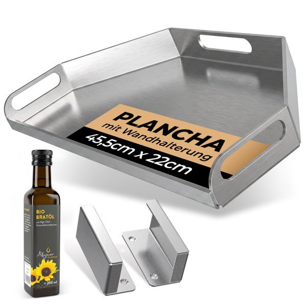 Plancha Grillplatte aus Edelstahl 45,5 mal 22 Zentimeter mit Wandhalterung und Bio Bratöl Flasche