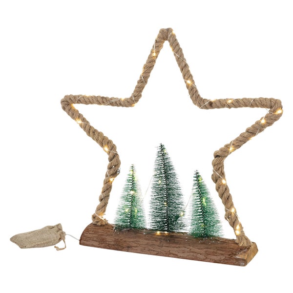 ECD Germany LED Jute Stern mit LED-Beleuchtung 45x9,5x45 cm, Deko Weihnachtsstern aus Seil mit 45 warmweißen LEDs, 3 Tannen, Jutesäckchen, Batterien, Timer, Weihnachtsbeleuchtung Weihnachtsdeko Innen